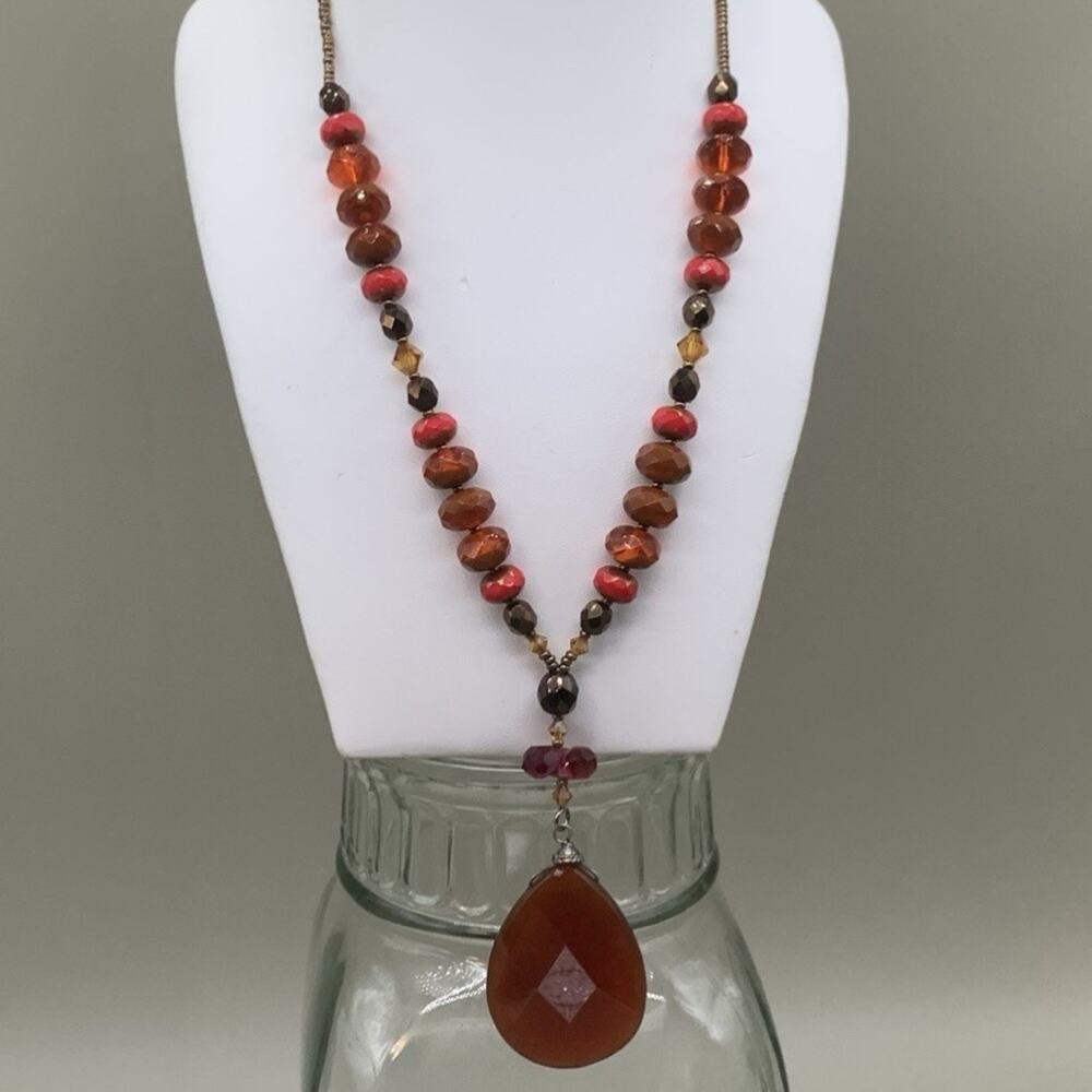 Amber Red Beaded Statement Necklace Glass Faceted Teardrop Pendant Boho Fall
